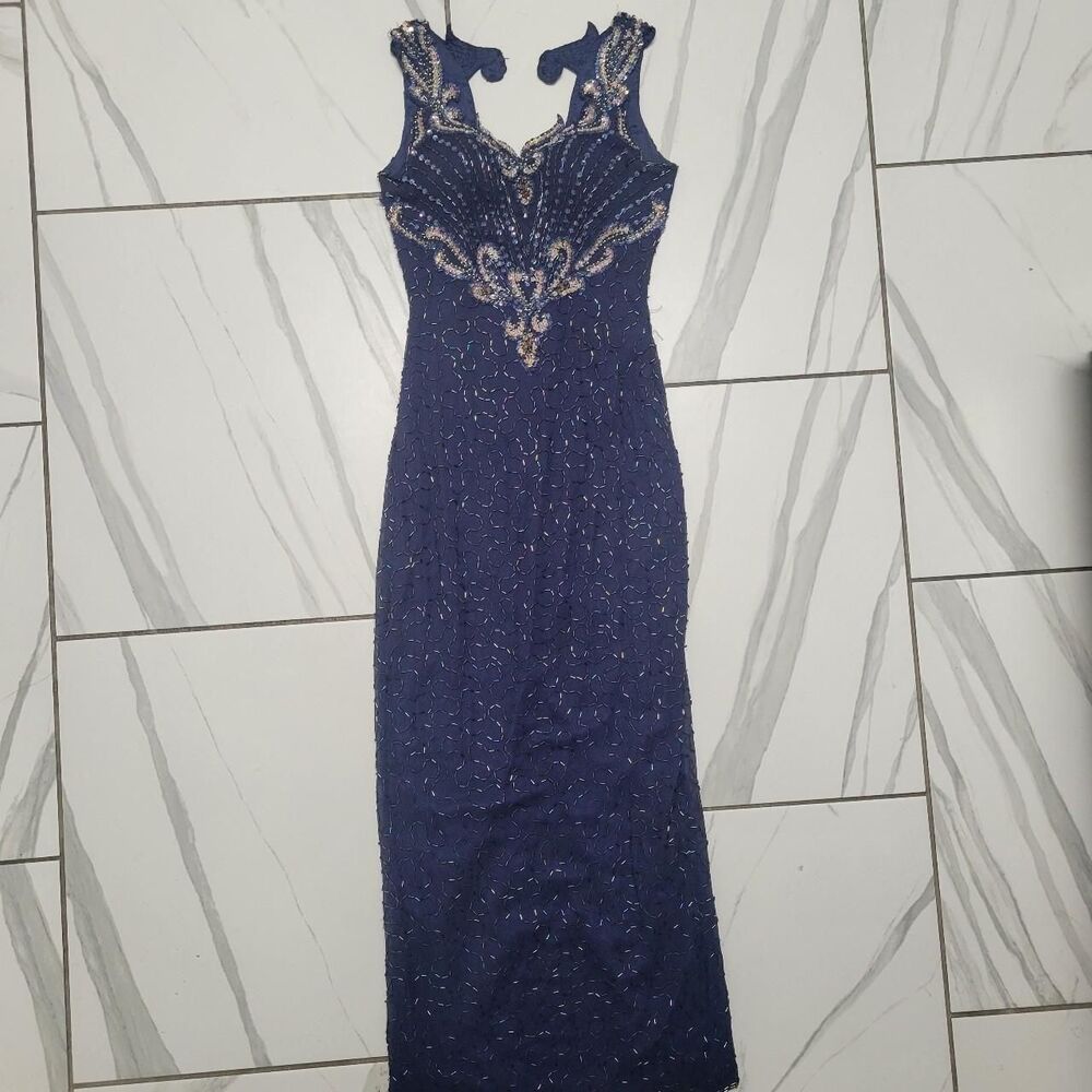 Vintage 100% Silk Navy Beaded Gown Formal Evening Dress Halloween Titanic